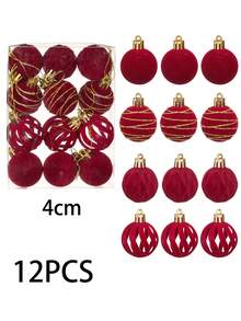 12PCS Red Plush-Texture Christmas Ornament-An Outdoor/Patio Christmas Tree Decoration Perfect For Creating A Festive "Winter Wonderland" Atmosphere; Suitable For New Year And Christmas Decor, Home And Garden Styling, And Holiday Table Settings. - Multicolor - View 13