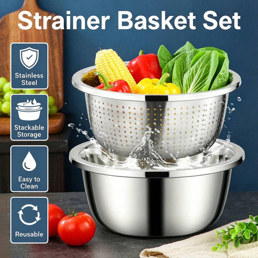 2pcs Stainless Steel Colander Set (Colander + Washing Basin), Large Capacity Stackable Storage, For Washing Vegetables, Fruits, Noodles And Draining Pasta And Beating Eggs, Suitable For Kitchen Food Storage, Cooking, Baking And Cleaning, Kitchen Storage Supplies, Fruit Drainage Basket, Storage Basket, Vegetable Strainer - Multiple Sizes - View 1