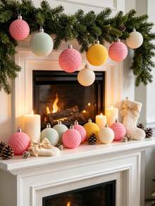 16pcs Flocked Christmas Ball Decorations Set, Christmas Flocked Balls, Warm Tone Flocked Christmas Decorations, Holiday Pre-Strung Hanging Decorations, Shatterproof Plastic Christmas Tree Ornament Set, Wedding Party Decorations - Pink - View 4