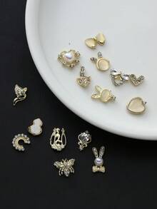 Autumn New Arrival 30PCS Gold Alloy Nail Charms, Mixed 3D Bow Heart Pearl Rabbit Flower Rhinestone Nail Art Decorations, Luxury Metal Nail Studs For DIY Manicure - Multicolor - View 2