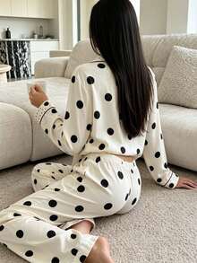 2pcs Women Polka Dot Lapel Button Cardigan Top + Elastic Waist Loose Pants Loungewear Set - Black and White - View 6