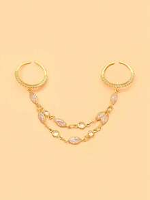 1pc New Double-Finger Linked Ring With Unique Design, Double-Layer Chain Draping, Fashionable Versatile Hand Accessory For Banquet And Party - Gold - View 5