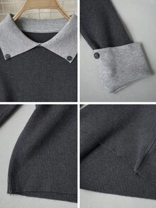 2026 Early Autumn New Colorblock Collared Knit Sweater Women's Elegant Ribbed Slim Fit Flattering Long Sleeve Base Layer Top Fall - Grey - View 10