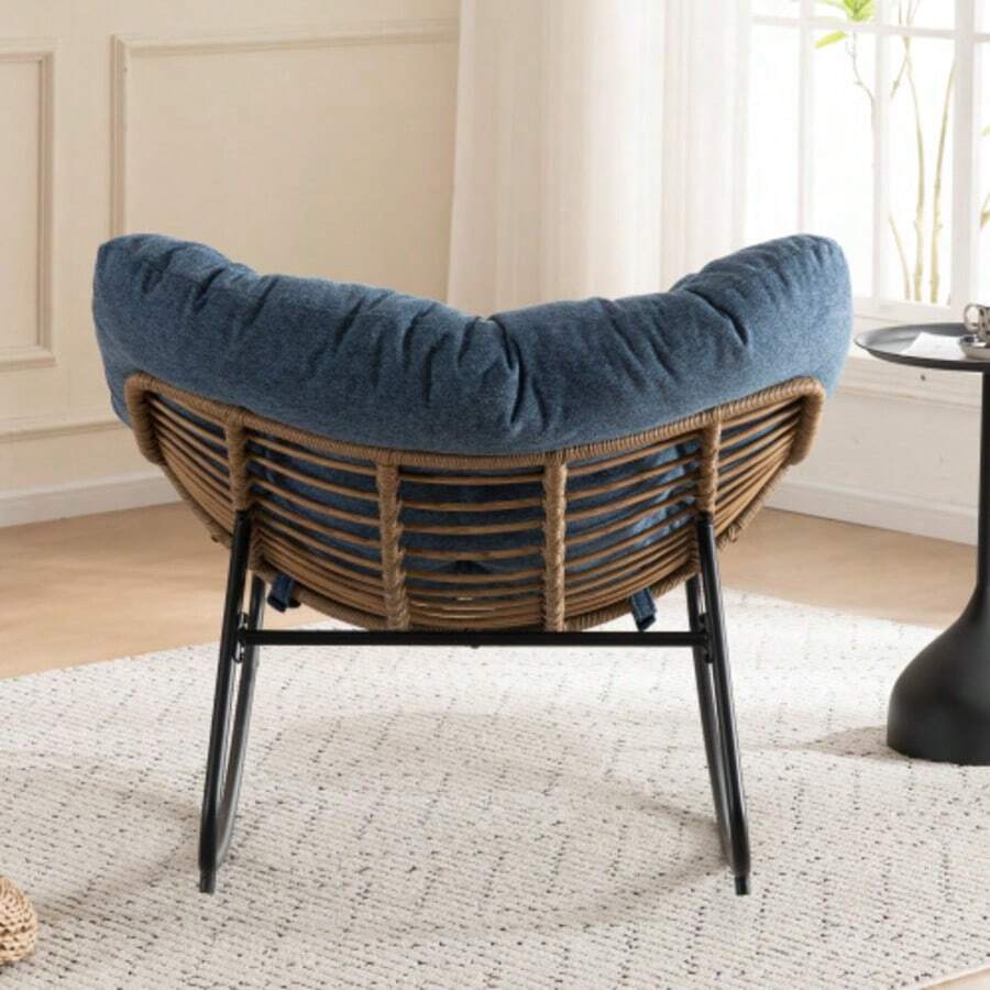 Oversized Egg Rocking Chair, Wicker Rattan Patio Lounge Chair With Thick Cushion, Egg-Shaped Rocker For Balcony, Porch, Garden & Bedroom - Blue - View 1