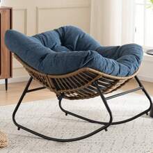 Oversized Egg Rocking Chair, Wicker Rattan Patio Lounge Chair With Thick Cushion, Egg-Shaped Rocker For Balcony, Porch, Garden & Bedroom - Blue - View 5