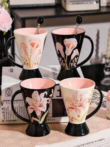 1 Flower Ceramic Coffee Cup, Flower Patterned Conical Ceramic Tea Cup, Black Handle And Base Coffee Drinking Cup, Unique Desktop Decoration, Suitable For Daily Household Use, Office, Friends And Colleagues, Coffee Enthusiasts As A Housewarming Gift - Multicolor - View 6