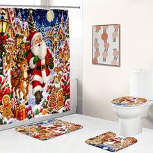 1pc/4pcs Gingerbread Town Santa Claus Pattern Multi-Functional Bathroom Decor Shower Curtain Set, Free 12 Hooks, Premium Holiday Atmosphere, Bathroom Mat, U-Shaped Bath Mat And Round Toilet Lid Cover, Suitable For All Occasions, Bathroom Set - Gingerbread Town Santa Claus - View 7