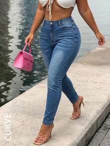 Quần jean denim ôm dáng màu xanh thuần cho người size lớn - Rửa tối - Xem 5