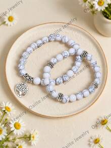 2pcs Sets White Turquoise Beaded Bracelet With Tree Of Life Pendant, Bohemia Fashion Friendship Jewelry Gifts For Men & Women Suitable For Daily Wear - White - View 8