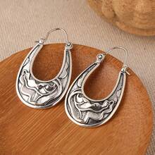 1 Pair Vintage Hand-Carved Water Ripple Round Hoop Earrings, Women's Retro Fashion Ear Jewelry, Suitable For Daily Wear And Vacation - Silver - View 8