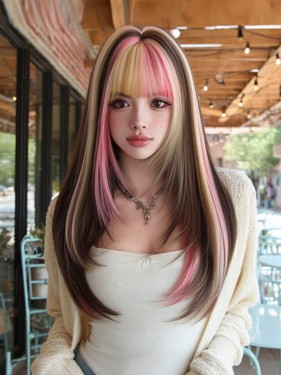 NAMM 26 Inch Brown & Pink Highlight Wig With Bangs Long Layered Straight Hair Wigs ForWomenNatural Looking Synthetic Heat Resistant Fiber Wig For Daily Wear, Hallowmas Party Cosplay Use