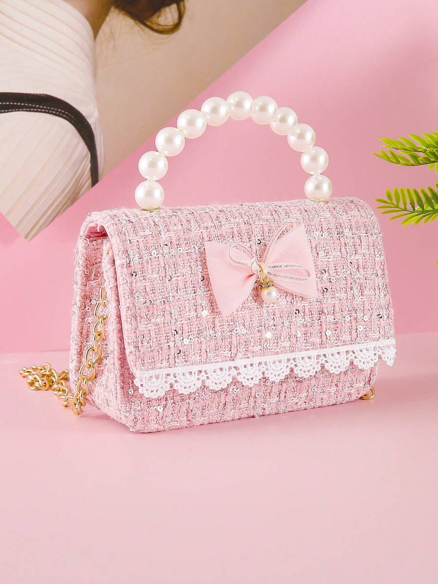 1pc Mini Girls Children's Bag With Beaded Bow Decoration, PU Linen Sequin Material, Chain Shoulder Strap, Fashion Beaded Handbag, Pink Mini Party Bag, Lightweight Children's Wallet, Small Handbag Suitable For Holiday And Daily Use - Pink - View 1