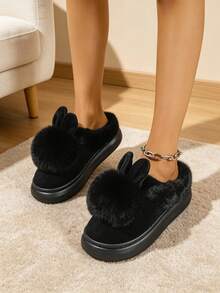 New Autumn/Winter Black Single Ball Rabbit Cute Warm Slippers, Unisex Couple Solid Color Home Anti-Slip Half-Back Slippers, Valentine's Day Gift - Black - View 5