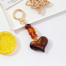 1pc Vintage Amber Tortoiseshell Pattern Resin Heart Keychain, Maillard Brown Tone Beaded Bag Charm, Great Gift - Multicolor - View 9