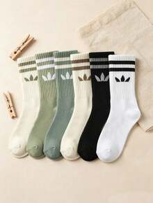 1/5/10/20 Pairs Women's Striped And Solid Color Mid-Calf Sports Socks, Couple Style, Breathable And Moisture-Wicking Casual Socks, Unisex, Suitable For Daily Wear, Sports Occasions And Campus Style, Random Color Assortment - Multicolor - View 3