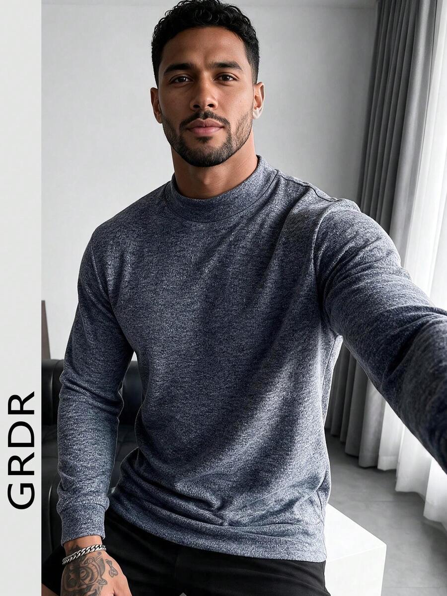 GRDR Half Mock Neck Long Sleeve Top Men's Spring Autumn Versatile Solid Color Mid Neck Undershirt - Dark Grey - View 1