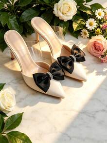 1 Pair Korean Style Premium Black Polyester Ribbon Bow With Rhinestone Shoe Flower Decor, Detachable Versatile Women's Shoe Accessory/Shoe Flower Only, Shoes Not Included - Black - View 4