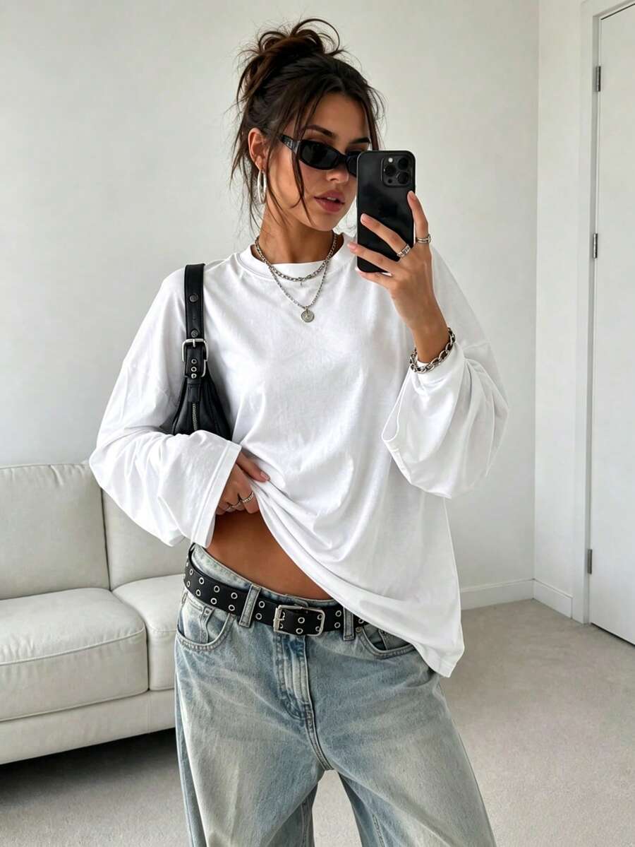 Women's Pure White Long Sleeve T-Shirt, Round Neck Drop Shoulder Loose Fit Basic Casual Long Sleeve Top, Suitable For Daily Wear - White - View 1