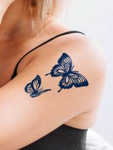 Stiker Tato Semi-Permanen Ajaib Jus Herbal, Motif Ular Mawar Kupu-kupu, Tahan Lama 14 Hari, Tidak Pudar, Tidak Memantulkan Cahaya, Stiker Tato Sementara untuk Lengan, Bahu, Leher, Tulang Selangka, Badan, 1 buah/Paket - Biru - View 6