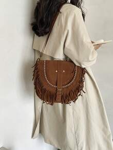 Faux Suede Tassel Bag Vintage Brown Retro Versatile Bohemian Crossbody Bag - Brown - View 5