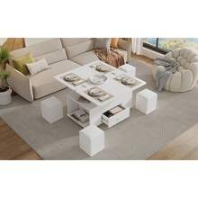 Lift Top Coffee Table With Wheels,  Convertible Dining & Work Table With 4 Stools, Hidden Storage, Extendable Side Table, Space-Saving End Table,Tea Table, White, 100x50x45cm (Folded) - 1 - View 10