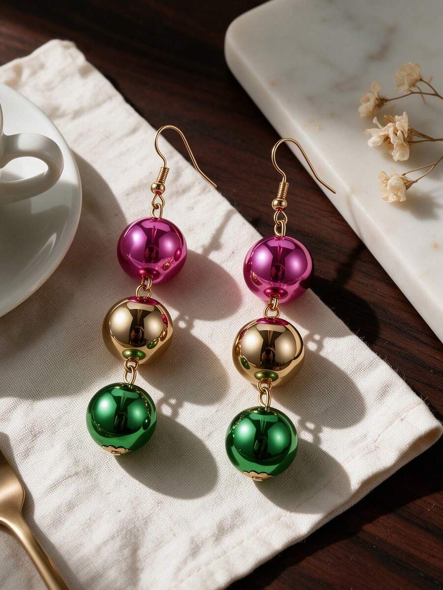 Colorful Ball Drop Dangle Earrings For Women 3 Tier Multicolor Bead Statement Long Earrings Party Holiday Ear Jewelry - Multicolor - View 1