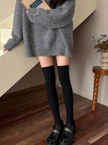 1 Pair Women's Ribbed Knit Thigh High Socks, Soft Stretch Thigh High Stockings, Cozy Preppy Socks For Fall Winter, School & Daily Wear - Multicolor - View 5