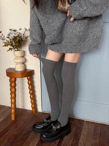 1 Pair Women's Ribbed Knit Thigh High Socks, Soft Stretch Thigh High Stockings, Cozy Preppy Socks For Fall Winter, School & Daily Wear - Multicolor - View 4