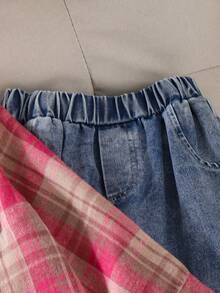 2pcs/Set Áo sơ mi kẻ caro phong cách đường phố vintage và quần dài denim cho bé gái chập chững, Thu/Đông - Rửa nhẹ - Xem 7
