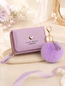 Dompet Kecil Wanita Lucu dengan Gantungan Kunci Pom Pom, Dompet Pendek Kulit PU Bentuk Hati yang Manis, Set Hadiah Dompet Koin Mini dengan Banyak Slot Kartu - MultiWarna - View 11