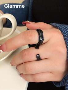 2pcs/Set Dark Style Black Textured Asymmetrical Fashion Rings, Niche Cool Open Stackable Rings - Black - View 9