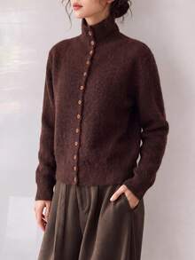 Women's Vintage Brown Knitted Cardigan, High Neck Button Long Sleeve Regular Fit, Suitable For Autumn/Winter, Slightly Elastic And Comfortable - Coffee Brown - View 4