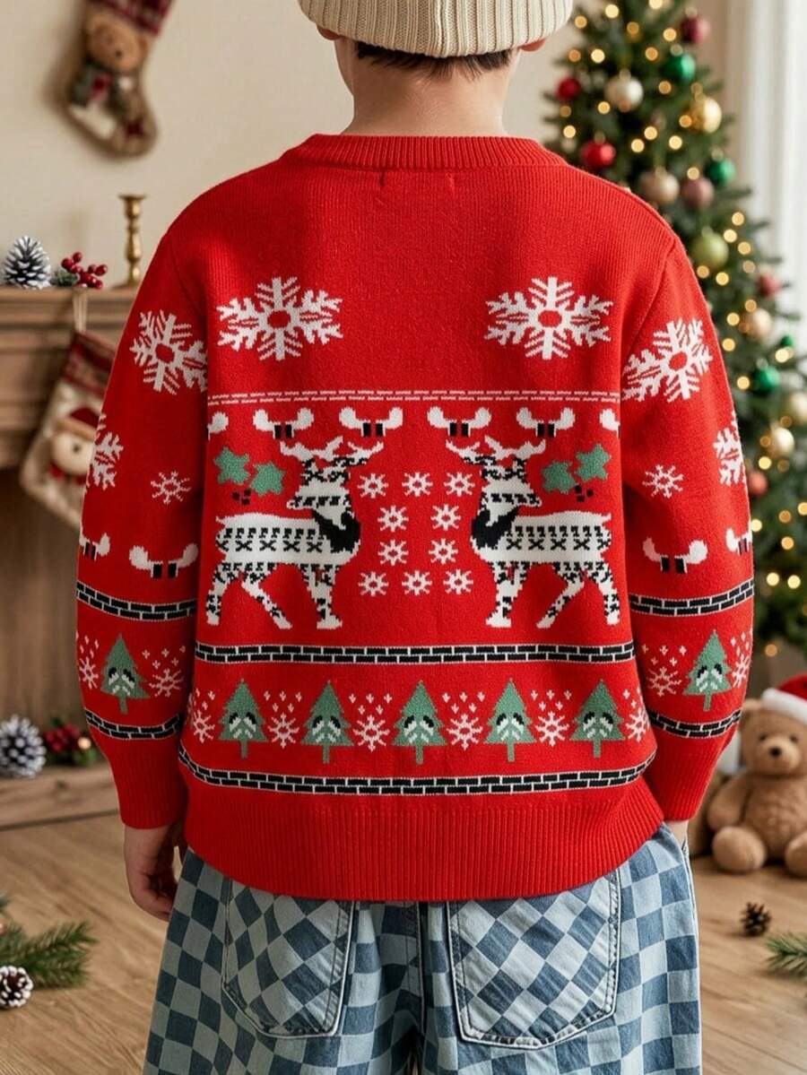 Boys' Christmas Knit Reindeer Pattern Jacquard Round Neck Sweater Long Sleeve Pullover Autumn Winter - Red - View 1