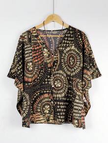 Plus Size Women Batwing Sleeve Printed V-Neck Blouse Black Summer - Black - View 5