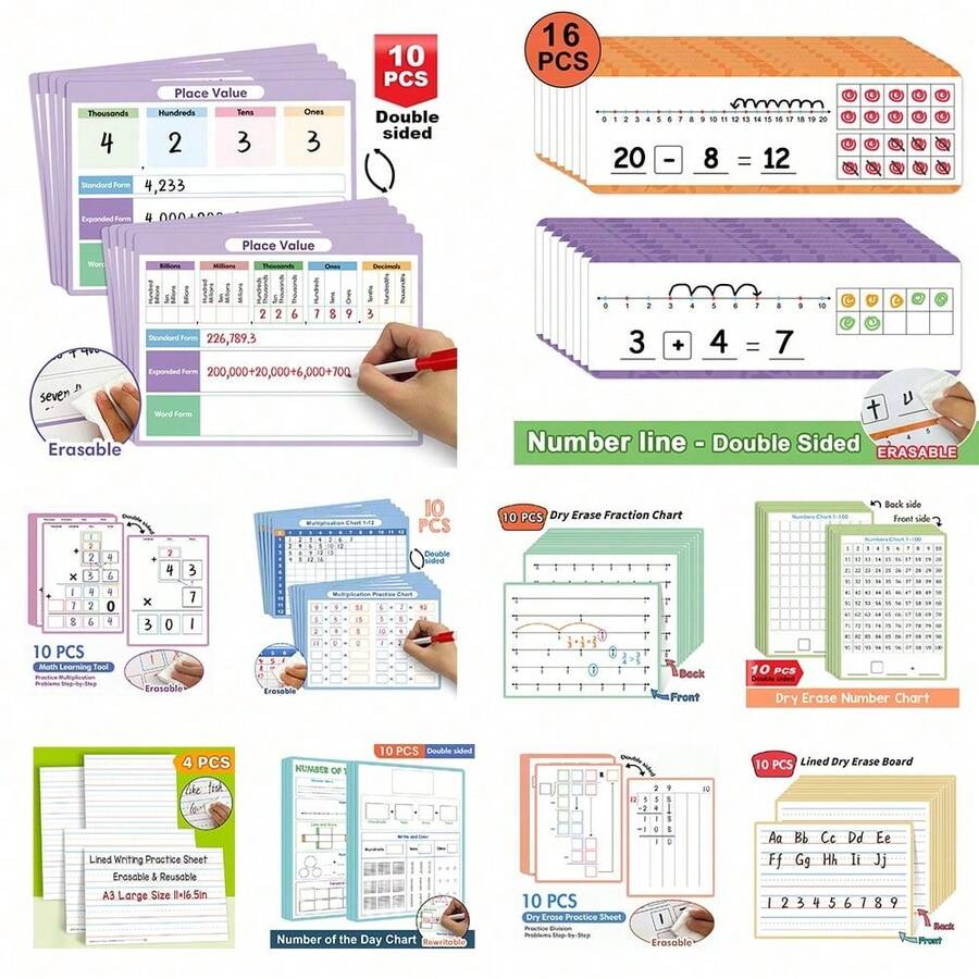 Lachilly 4/10/16pcs Double-Sided Dry Erase Whiteboard Set For Math Practice, Number & Letter Tracing, Cursive Handwriting Practice Pages, Erasable Educational Toy Flashcards, Number Line Fraction Place Value Math Teaching Tool Learning Aid