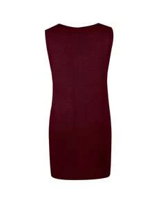 Women's Solid Color V-Neck Minimalist Daily Side Slit Sleeveless Knit Dress, Anchor Red Casual Autumn Style. Does Not Include A Belt Or Shirt. - Maroon - View 9