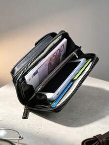 1pc PU New Men's Long Wallet, Multi-Card Slots, Zipper, Snap Button, Vintage, Large Capacity Phone Multifunctional Clutch Bag, Cards, Cash, Coins Can Be Organized And Stored, Classic Low-Key Appearance Suitable For Commuting, Business Travel And Other Scenarios, Durable And Practical For Men's Daily Use - Black - View 9
