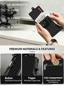 Carbon Fiber RFID Men's Wallet, Ultra-Thin Pop-Up Card Holder With Zipper Pocket, Minimalist Front Pocket Credit Card Holder, Trifold Wallet, Gift For Dad - Black - View 5