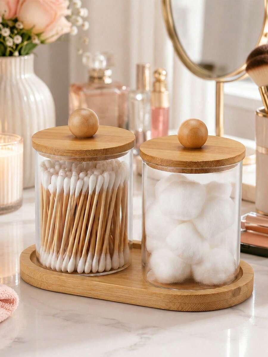 Modern Bathroom Storage Jar Set With Bamboo Tray, 2 Clear Q Tip And Cotton Ball Holders With Bamboo Lids For Vanity Countertop Decor - Multicolor - View 1