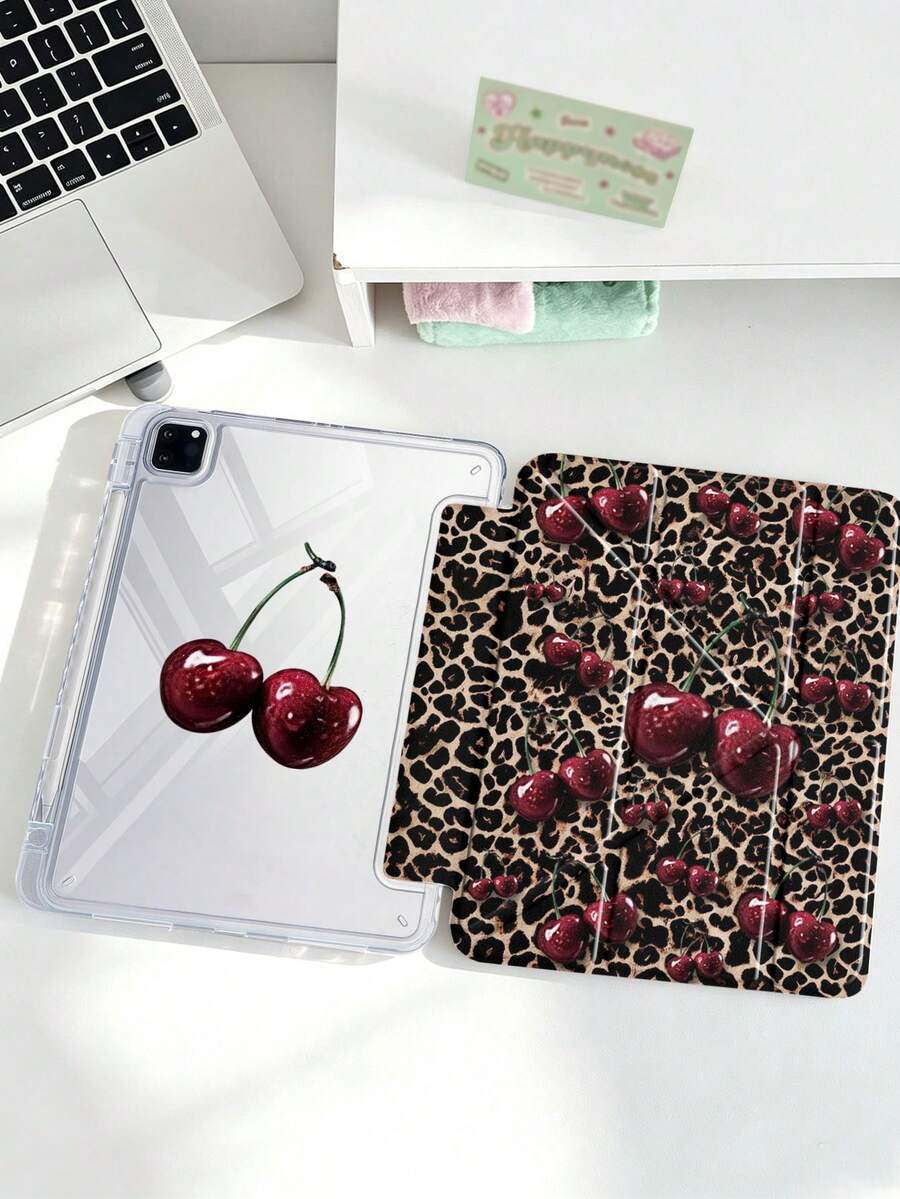 1pc Brown Leopard Print Red Cherry Tablet Case Compatible With IPad Mini6/Mini7/10.2/10.5/10.9 (Air4-Air8)/Pro 11/10th Gen/A16/Pro 11 2024, Double-Sided Painted Pattern Tablet Case With Transparent Acrylic Back Shell, Silk Texture 8-Fold Stand, Auto Sleep/Wake, Built-In Pen Slot, Pen Not Included, Some Models With Camera Frame - Multicolor - View 1