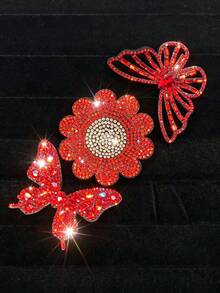 Set Of 3 Red Rhinestone Flower & Butterfly Fabric Patches, Hand-Sewn Shiny Crystal Appliques, DIY Decorative Accessories For Hats, Clothes, Dresses, Jeans - Red - View 8