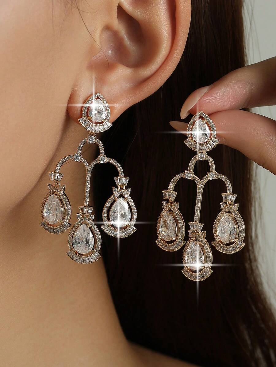 1pair Elegant Tassel Vintage Water Drop Design Cubic Zirconia Pendant Earrings For Daily Wear,Date,Wedding,Party,Anniversary Gift - Yellow Gold - View 1