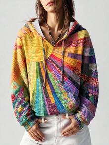 Sweatshirt Pullover Wanita FLEXCHIC, Saku Depan Bermotif, Grafis Pelangi, Gaya Bohemian Kasual, Lengan Panjang, Potongan Reguler - warna - View 1