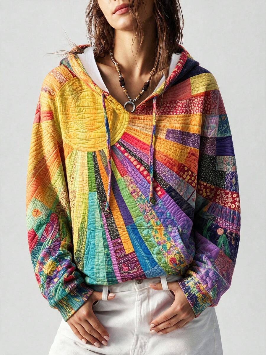 Sweatshirt Pullover Wanita FLEXCHIC, Saku Depan Bermotif, Grafis Pelangi, Gaya Bohemian Kasual, Lengan Panjang, Potongan Reguler - warna - View 1