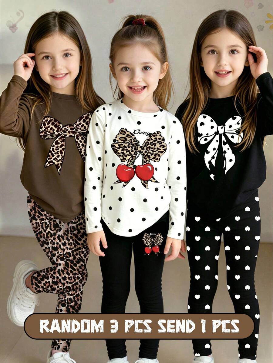 Random 6pcs/Set Girls Casual Fashion Cute Bow, Polka Dot, Heart, Leopard Print Long Sleeve And Leggings Set, School, Back To School Comfortable Daily Wear - Multicolor - View 1