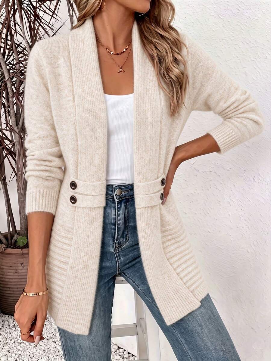 Autumn And Winter Women's Plus-Size Casual Double-Breasted Shawl-Collar Cardigan, Elegant Solid-Color Soft Knit Sweater Jacket For Women. - Apricot - View 1