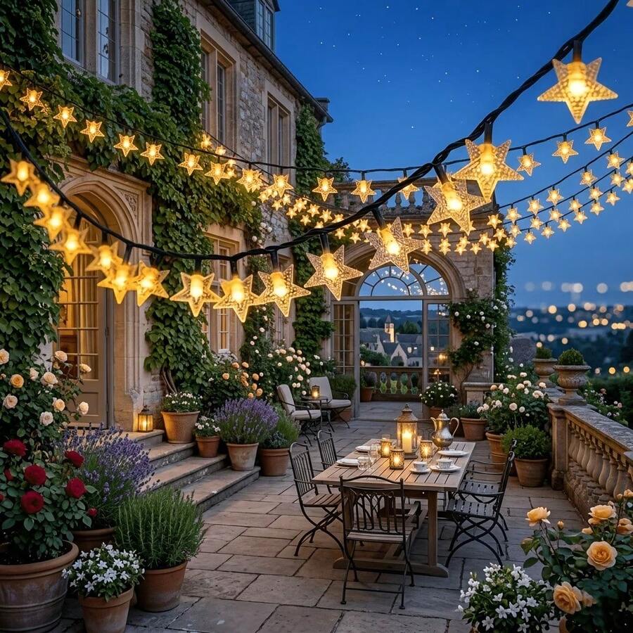 Warm Solar Star String Lights, 5M20LED, 7M50LED, 12M100LED Options, Exquisite 3D Five-Pointed Star Beads With Delicate Ice-Cracked Texture, Transparent Star Shell With Premium Texture, Soft Warm Light Glows From Within, Romantic Dreamy Atmosphere, Solar Powered, Automatic Sunlight Absorption And Energy Storage, Smart Light Control Sensor, Auto-On At Dusk, No Wiring, Zero Electricity Cost