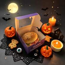 5pcs 4x4x2.5 Inch Clear Window Pastry Boxes, Paper Halloween Gift Packaging Boxes, Dark Fun Style With Bat And Pumpkin Print, Square Flip Top Paper Boxes For Party Mini Cakes, Donuts, Cookies, Desserts - Multicolor - View 11