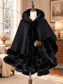 1pc Autumn/Winter Solid Color Dual Layer Faux Fur Trim Acrylic Hooded Poncho Shawl, Casual Elegant For Party For Dress - Black - View 2