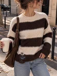 Women's Fall Winter Brown Contrast Striped Ripped Knit Sweater, Long Sleeve Crew Neck Pullover Top, Casual Vintage Back To School Christmas Outfit - Brown - View 6